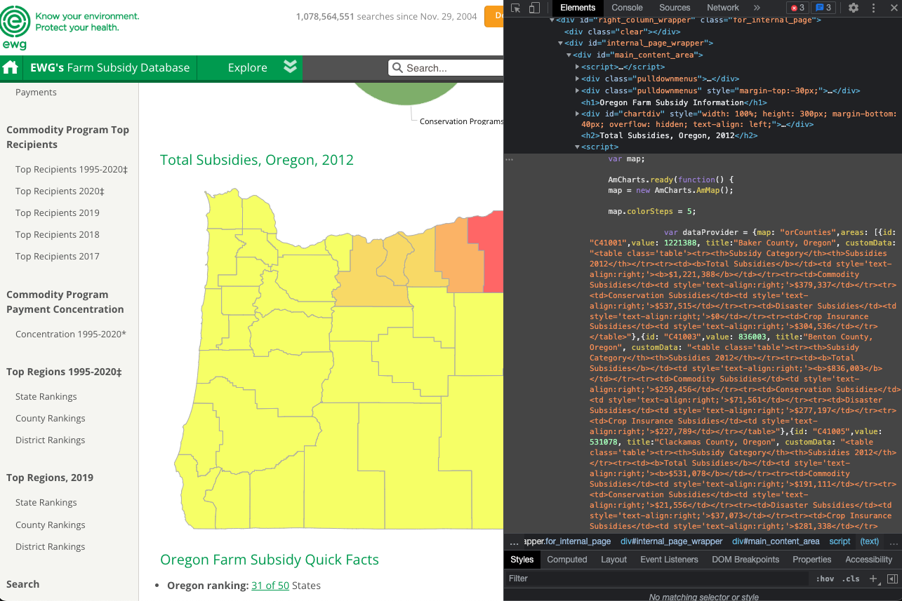 Screenshot of a website with a map of Oregon titled Total Subisidies, Oregon, 2012 on the left panel. On the right panel is the HTML source code for the website.