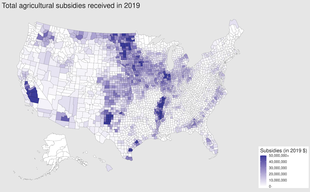 Screenshot of a gif that shows a map of the total agricultural subsidies received in each United States county in 2019.