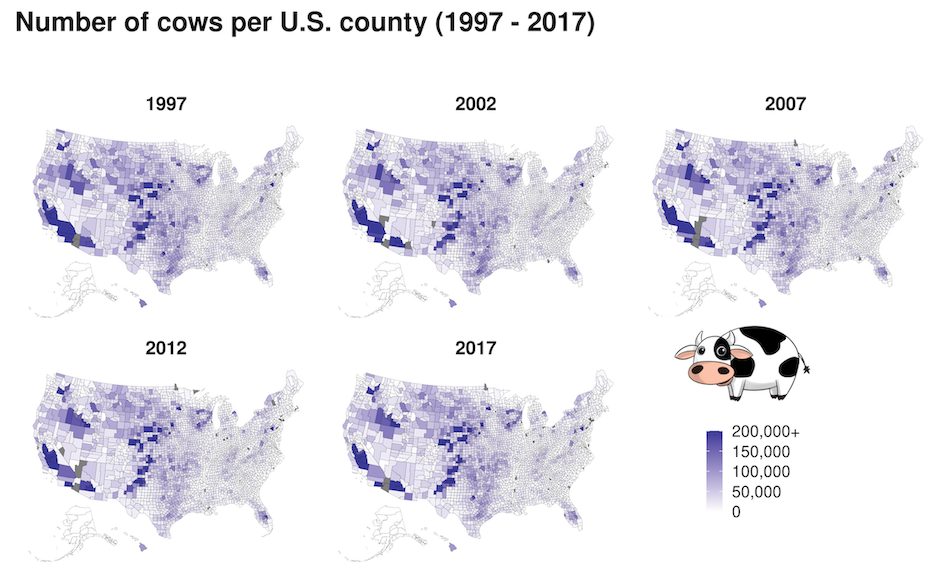 Five maps of the United States with the number of cows per county for the years 1997, 2002, 2007, 2012, and 2017 shown in blue.